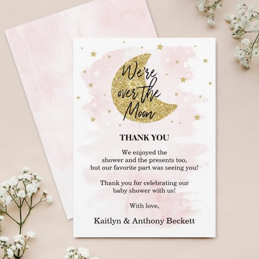 Over de maan | Baby shower meisjes Bedankkaart