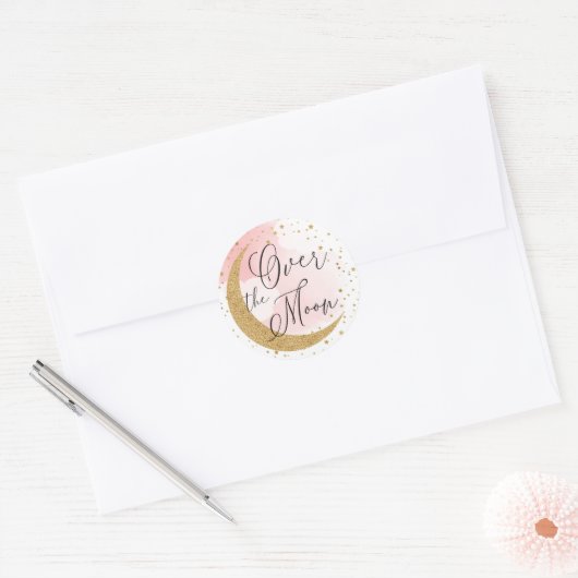 Over de maan, Glitter Pink Envelope Seal Ronde Sticker (Envelop)