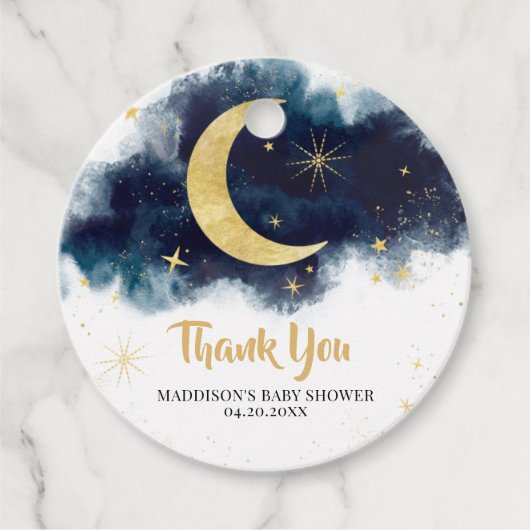 Over de Maan Gouden Sterren Blauw Baby shower Rond Bedankjes Labels (Voorkant)
