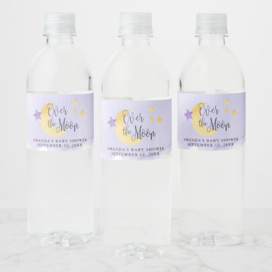 Over de maan, Paarse Waterverf Baby shower Waterfles Etiket (Flessen)