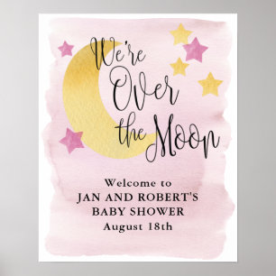 Over de maan, Roze Baby shower Welkomstteken Poster