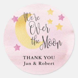 Over de maan, Roze Waterverf Baby shower Favor C Ronde Sticker