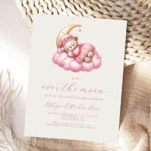 Over de Maan Teddybeer Roze Meisje Baby Shower Briefkaart