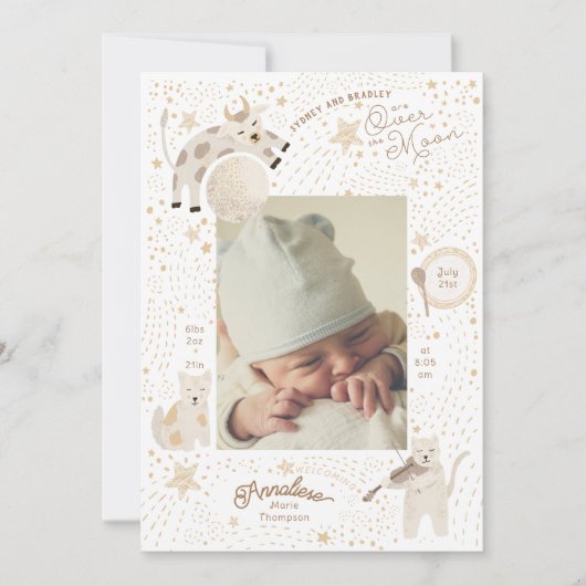 Over de maan Whimsical Birth Aankondiging (Voorkant)