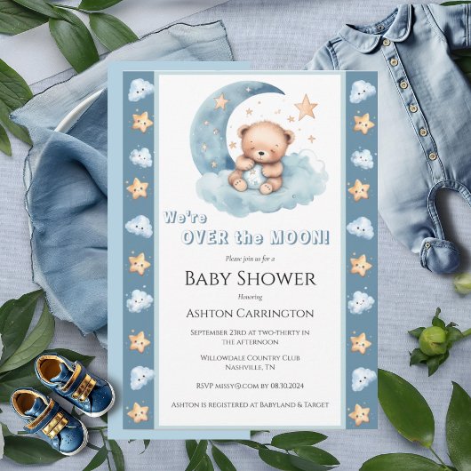 Over de Moon Blue Beer Waterverf Baby shower Kaart
