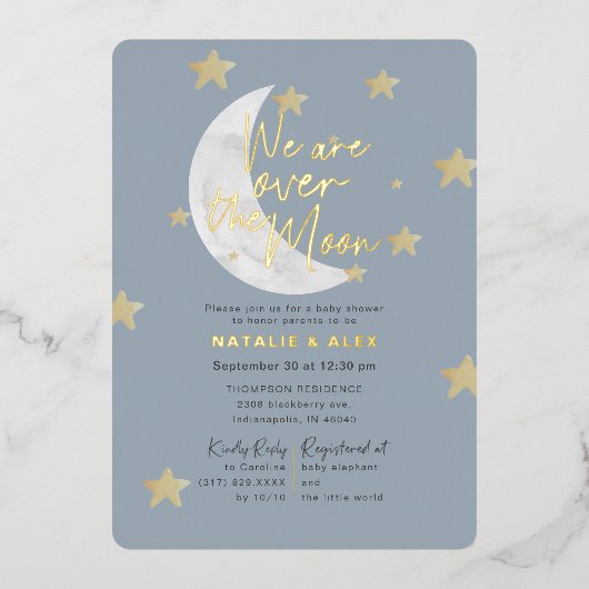 Over het Baby shower Moon & Stars Boy Folie Uitnodiging (Voorkant)