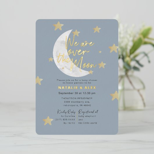 Over het Baby shower Moon & Stars Boy Folie Uitnodiging (Staand Voorkant)