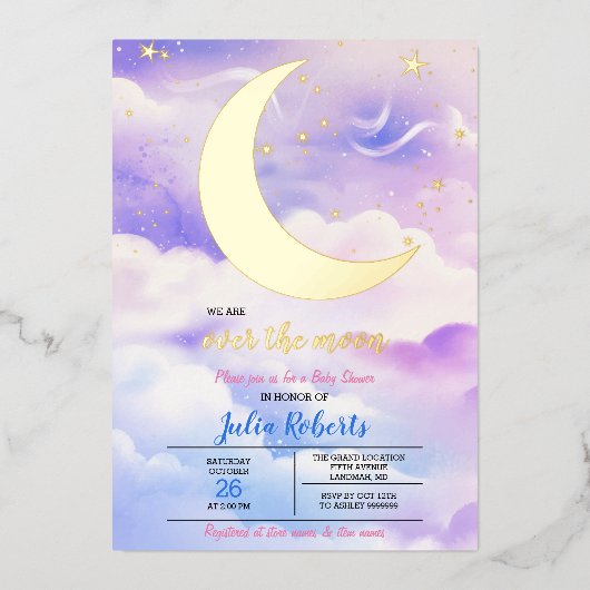 Over het Baby shower van de maan Folie Uitnodiging (Voorkant)