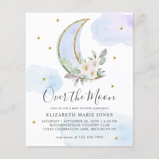 Over het Baby shower van de Moon Blue Gold Floral (Voorkant)