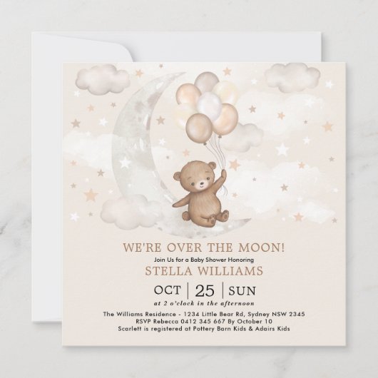 Over het Baby shower van de Moon Teddy Bear-ballon Kaart (Voorkant)