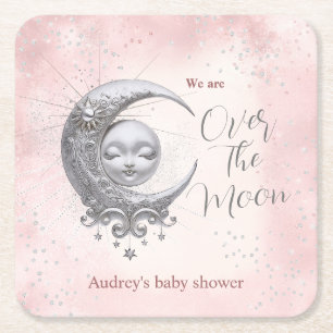Over het Baby shower van het Moon Pink Girl Vierkante Kartonnen Onderzetter