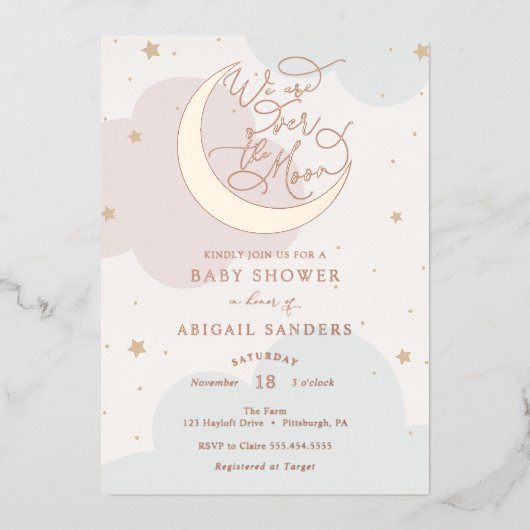 Over het Gold Moon Pink en Blue Baby shower Folie Uitnodiging (Voorkant)