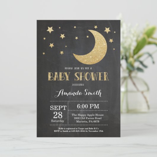 Over het Moon Baby shower Invitation Gold Glitter Kaart (Staand voorkant)