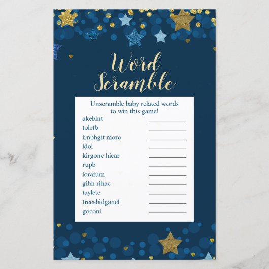 Over het Moon Gold Baby shower Word Scramble (Voorkant)