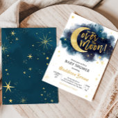 Over het Moon Gold Stars Blue Baby shower Kaart