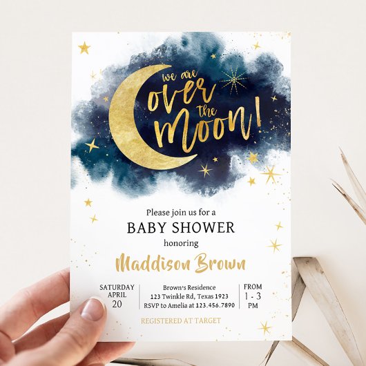 Over het Moon Gold Stars Blue Baby shower Kaart
