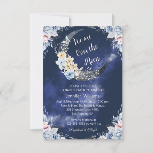Over het Moon Navy Botanical baby shower Kaart (Voorkant)