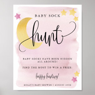 Over het Moon Pink Baby shower Baby Sock Hunt Game Poster