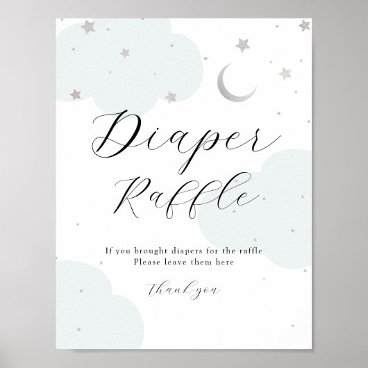 Over het Moon Silver en Blue Diaper Raffle Sign Poster (Voorkant)