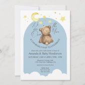 Over het Moon Teddy Bear Dusty Blue Baby shower Kaart (Voorkant)