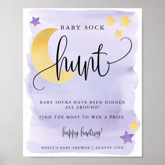 Over het Paarse Moon Baby shower Sock Hunt Poster (Voorkant)