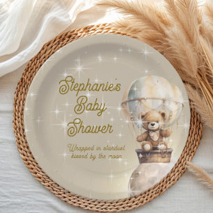 Over Moon Teddybeer Geslachtsneutrale Baby Shower Papieren Bordje