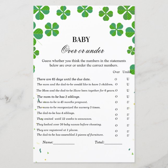Over of onder baby shower game st patrick day (Voorkant)