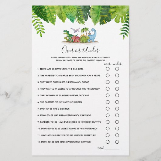 Over of onder Dinosaur Baby shower Game (Voorkant)