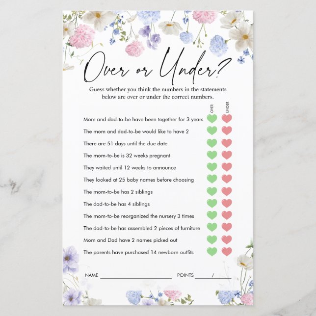 Over of Onder Spel |  Baby Shower Spel (Voorkant)