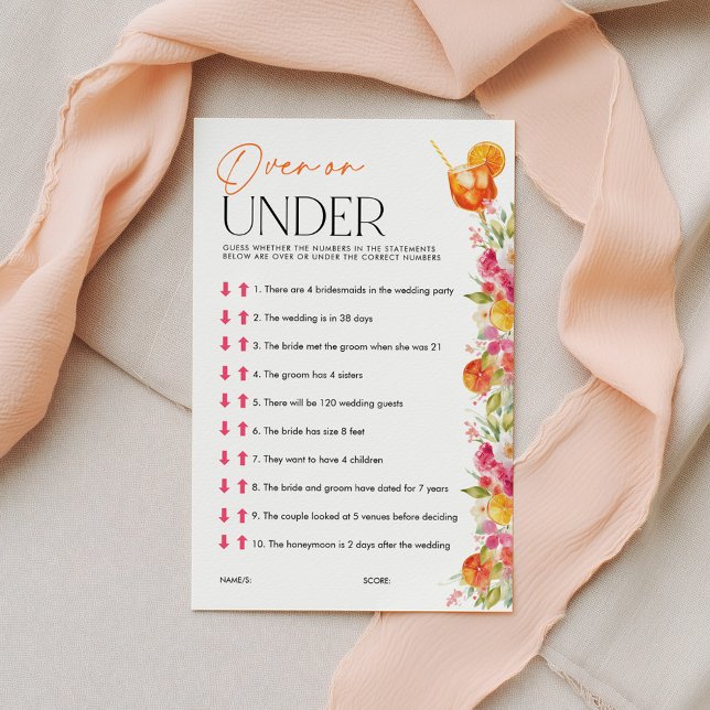 Over of onder Spritz Bruiloftsspelletjes (Over or Under? Love at First Spritz | Bright Floral Citrus Bridal Shower)