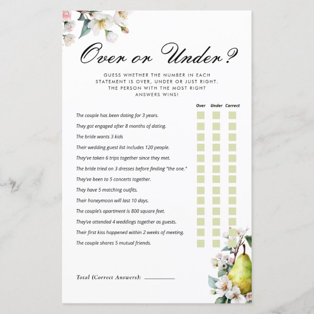 Over of Under Perfect Pear Bruiloftsspel (Voorkant)