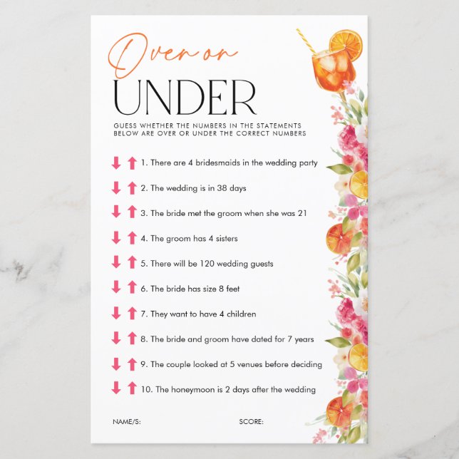 Over or Under Spritz Bridal Shower Games (Voorkant)