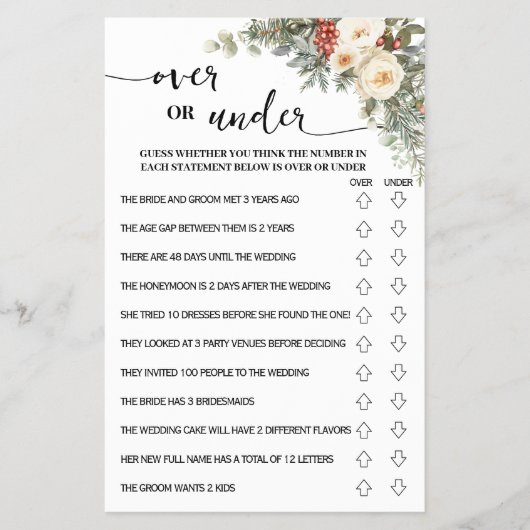 Over or Under Winter Bridal Shower Game Card Flyer (Voorkant)