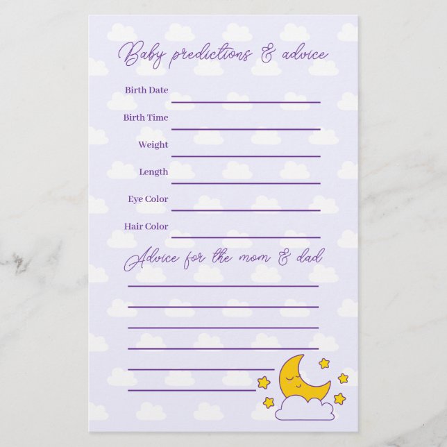 Over The Moon and Stars Baby shower Guessing Game (Voorkant)