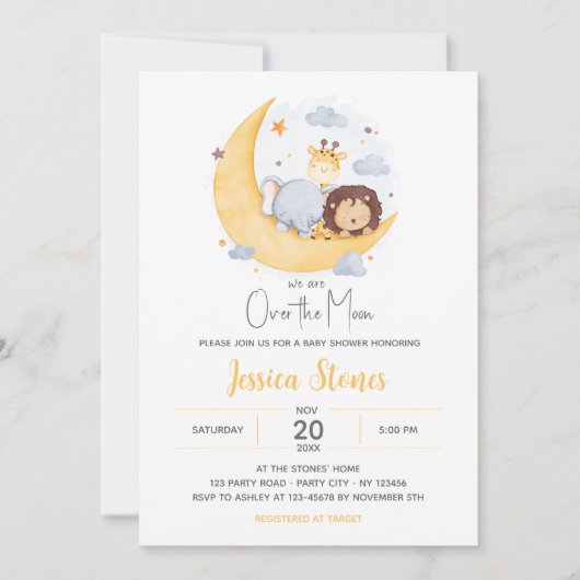 Over the Moon Baby Shower Uitnodigingen Dieren Sch (Voorkant)