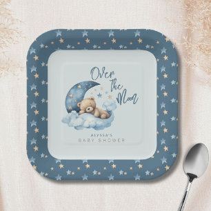 Over the Moon Beer Teddy Blue Baby shower Papieren Bordje