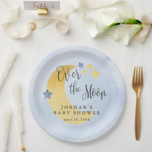 Over the Moon, blauw gepersonaliseerd Baby shower Papieren Bordje