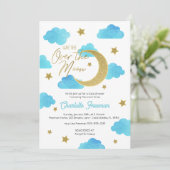 Over the Moon Blauw & Goud Baby shower Uitnodigen Kaart (Staand voorkant)