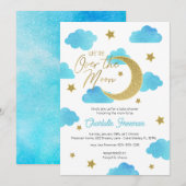 Over the Moon Blauw & Goud Baby shower Uitnodigen Kaart (Voorkant / Achterkant)