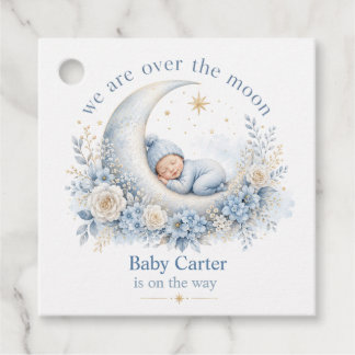 Over the Moon Blauwe Baby Shower met Aangepaste Na Bedankjes Labels