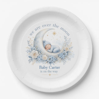 Over the Moon Blauwe Baby Shower met Aangepaste Na Papieren Bordje