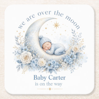 Over the Moon Blauwe Baby Shower met Aangepaste Na Vierkante Kartonnen Onderzetter