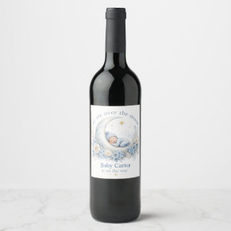 Over the Moon Blauwe Baby Shower met Aangepaste Na Wijn Etiket