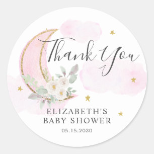 Over the Moon Bloem Roze Baby Shower Bedankt Ronde Sticker