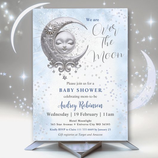 Over The Moon Blue Boy Baby Shower Kaart