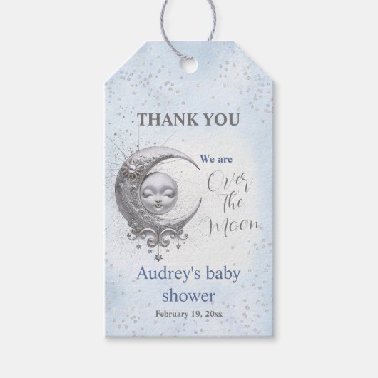 Over The Moon Blue Boy Baby shower Label Cadeaulabel (Voorkant)