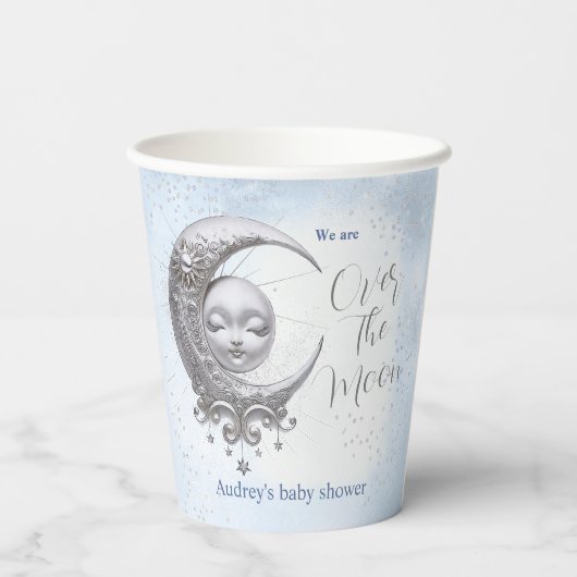 Over The Moon Blue Boy Baby shower papieren bekers (Achterkant)