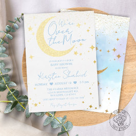Over the Moon Blue Folie Baby shower Invitation Uitnodiging