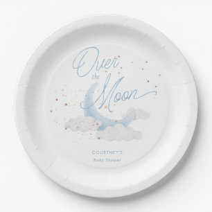Over the Moon Blue Gold Stars Baby shower Papieren Bordje