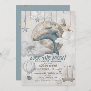 Over the Moon Blue Whale Boho Boy Baby shower Kaart
